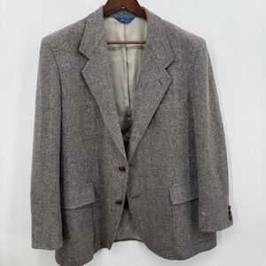 Vtg Pendleton Virgin Wool Herringbone Blazer Greige Elbow Patch Tweed USA 44R